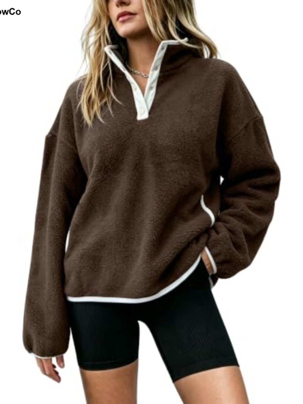 Womens Mock Neck Sherpa Fleece Jacket Button Front Oversized Coat